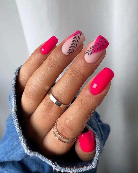 neon summer pink with leaves nail art design idea