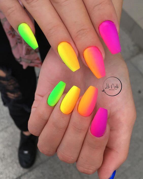 neon summer rainbow color ombre nail art designs idea