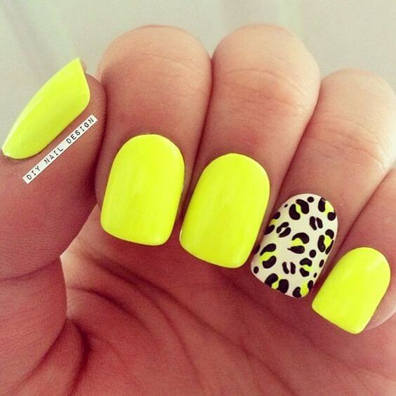 summer neon yellow with cheetah print nail art designs idea