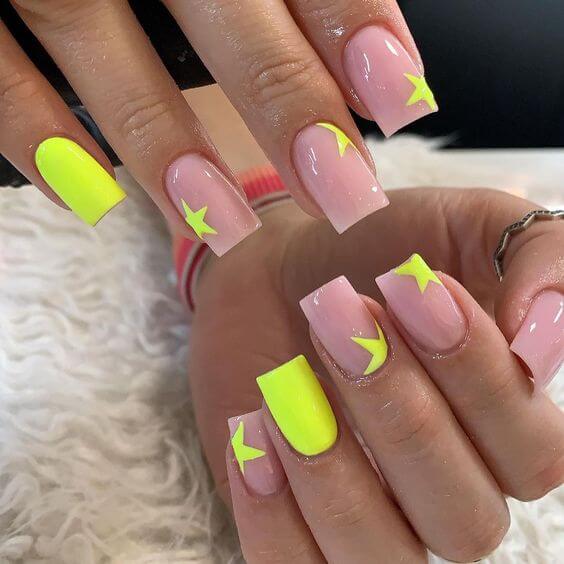 nude with star and neon yellow summer nails art designs idea