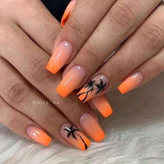 orange ombre with palm trees tropical nail art designs idea