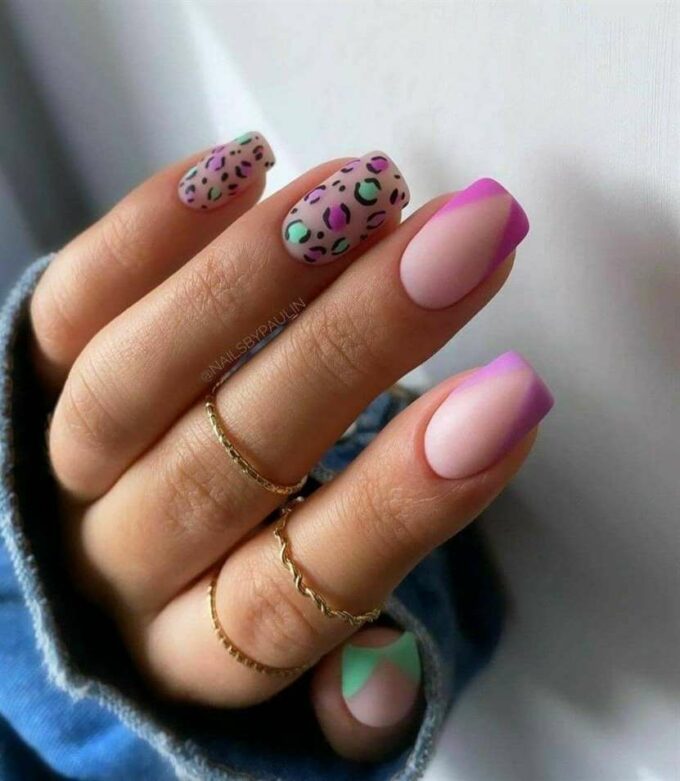 spring cotton candy pink and blue cheetah nail art design idea