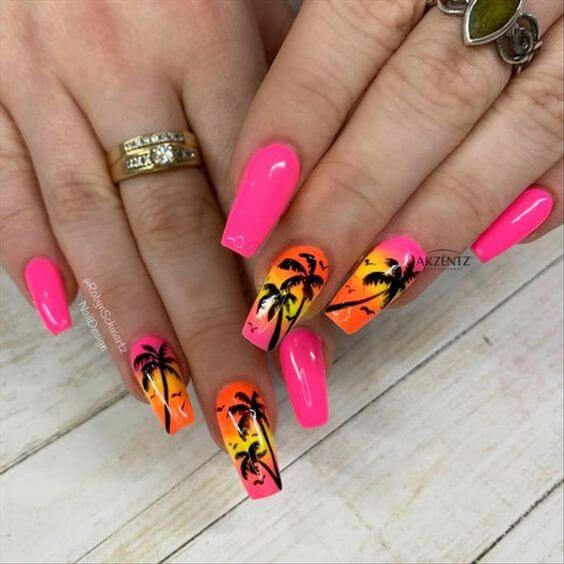 pink-yellow and ornage with palm trees tropical nail art designs idea