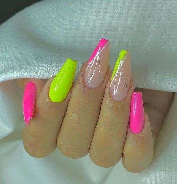 pink and yellow with beige neon summer nail art designs idea