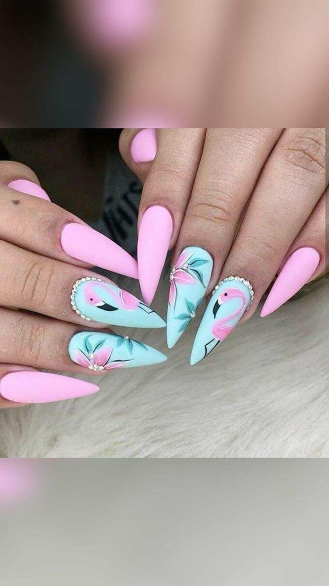 soft pink and pastel flamingo tropical nail art designs idea