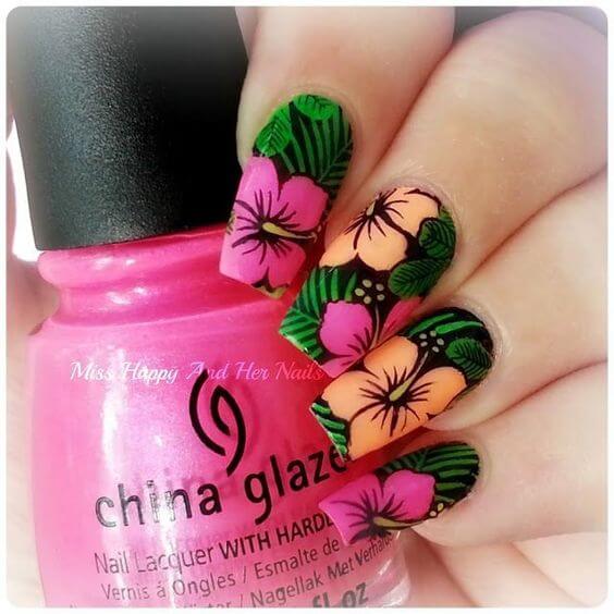 tropical leaf with flowers nail art designs idea