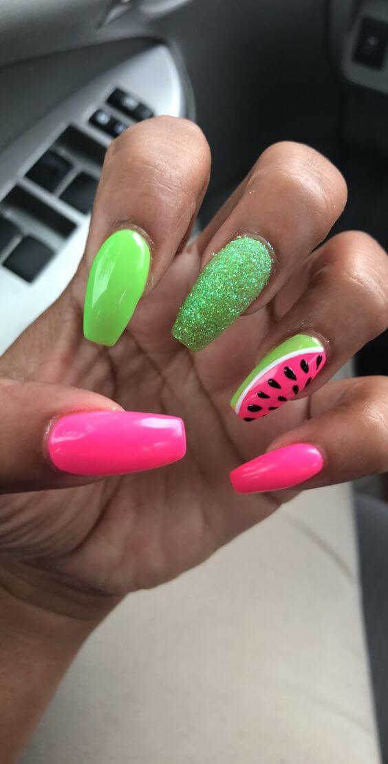 watermelon inspired neon pink and green summer nails art designs idea
