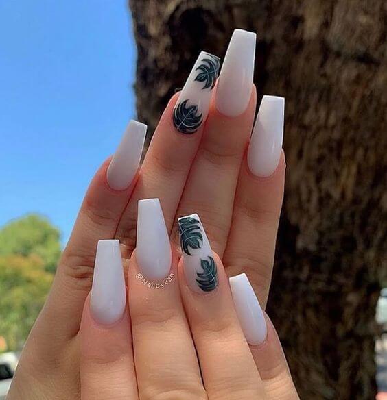 off white with green leaves tropical nail art designs idea