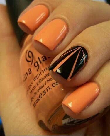 abstract lines short black and orange nail art design idea