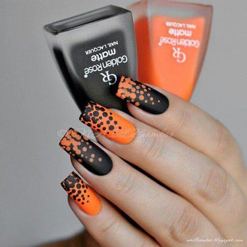 dots black and orange coffin nail art design idea