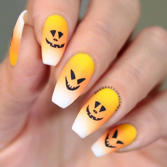 pumpkin faces halloween matte candy corn color gradient nail art design idea