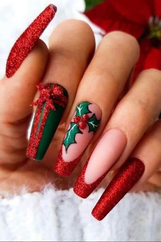 presents inspired acrylic coffin Christmas red and green nails