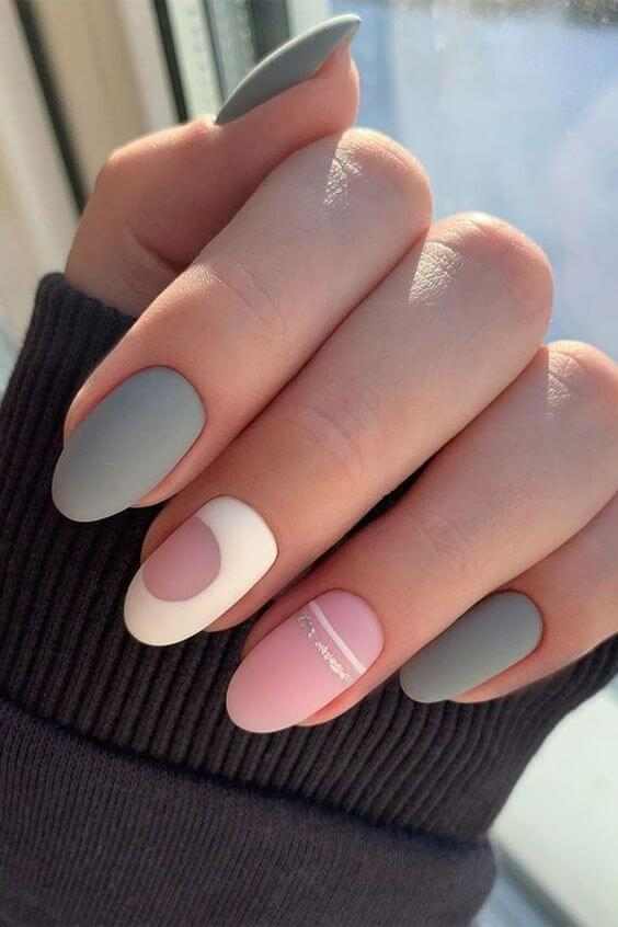 beige with olive green and pink summer matte nail art design