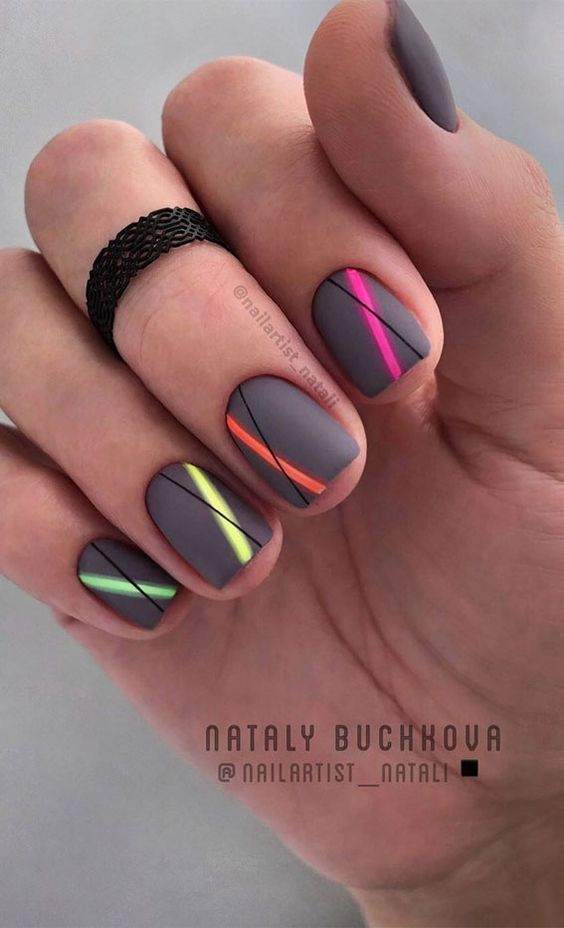 neon lines with black summer matte nail art design