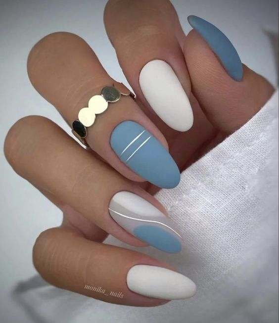 gold lines with blue and beige summer matte nail art