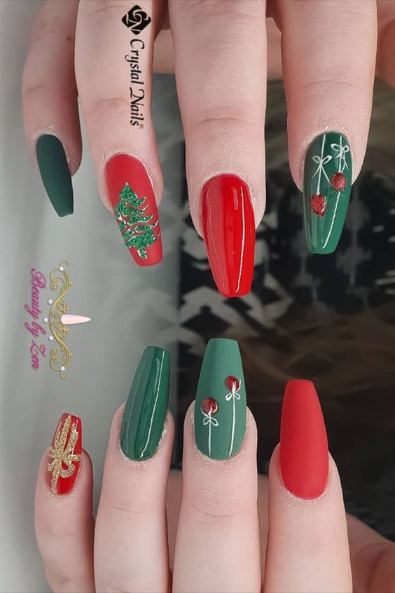 tree and ornaments with red and green Christmas nails