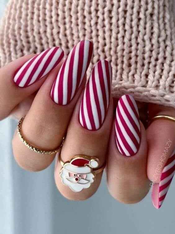 coffin matte candy cane stripes nail art for Christmas