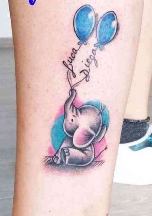 cute elephant and balloons with children names tattoo design