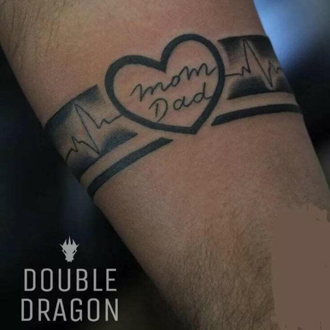 black armband lifeline with heart and mom dad tattoo design