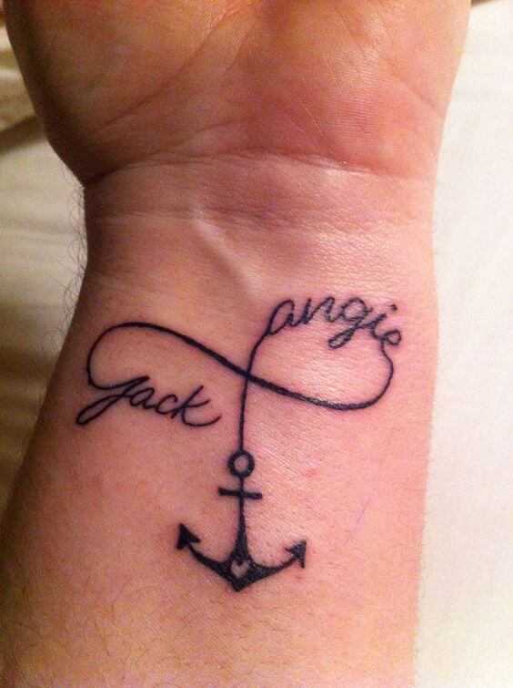 infinity with anchor children's name tattoo design on wrist