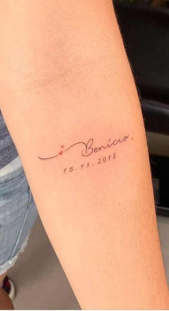 date of birth with child name tattoo design on forearm