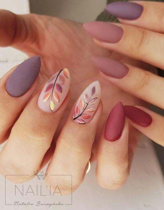 rose gold leaves with purple summer matte nails art designs