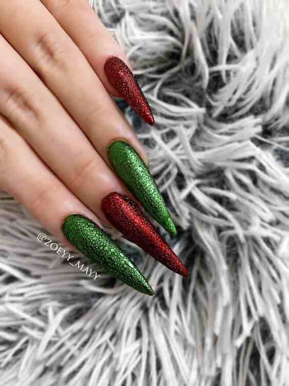 glitter simple red and green Christmas nails