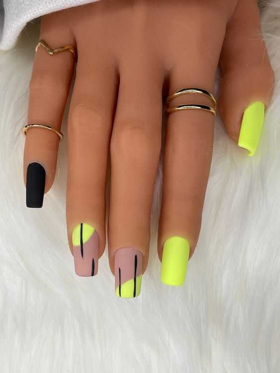 neon yellow and black summer matte nail art design