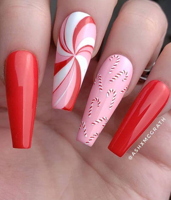 long acrylic coffin pink and red with candy cane nail art designs
