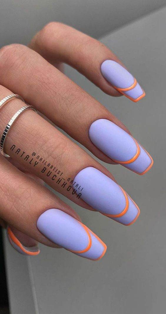 orange lines with purple summer matte nail art designs