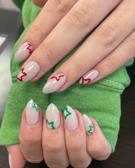 beige with red and green stars Christmas nails