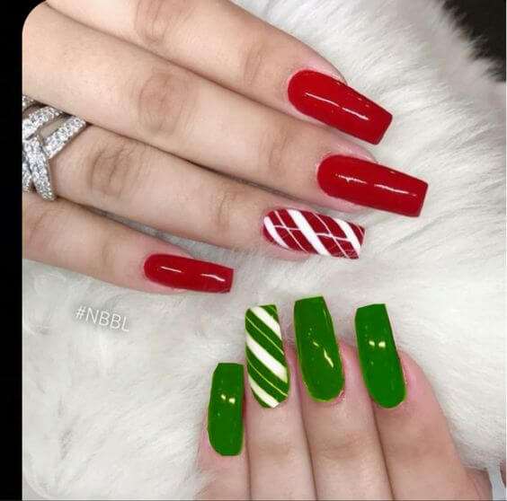candy cane red and green Christmas nails
