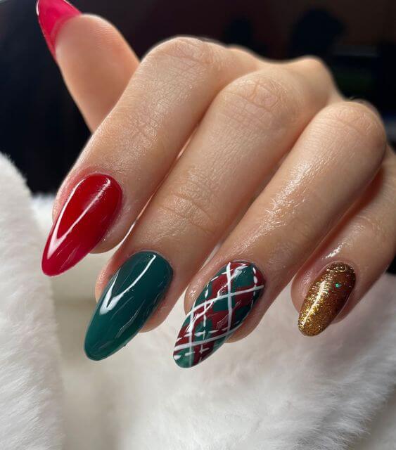 glitter golden with red and green Christmas nails
