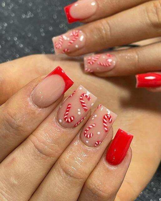 square red and nude with candy cane nails designs