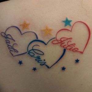 colorful stars and hearts with children name tattoos designs