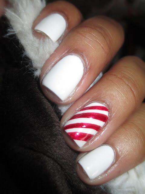 diy white with red lines candy cane nail art