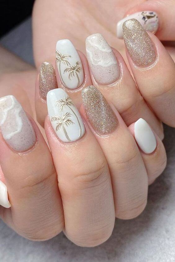 beige with gold glitter summer beach vacation nails