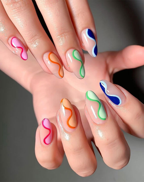 colorful wavy lines short gel almond nails designs