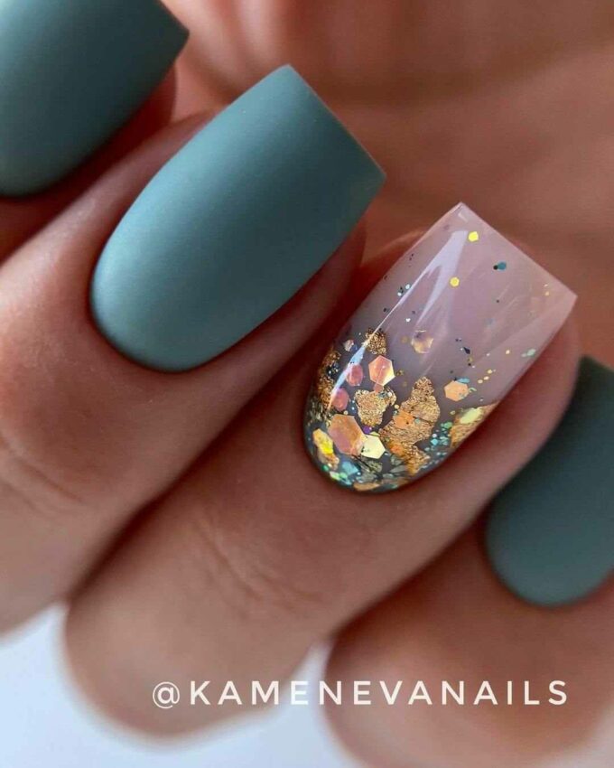 glitter on nude with matte teal fancy nail art design