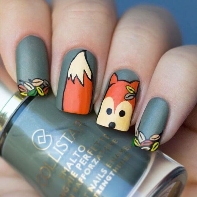 dark gray with leaves and fox nail art design