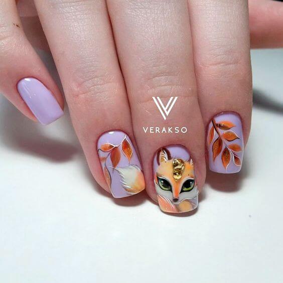 fall leaves with fox nail art design