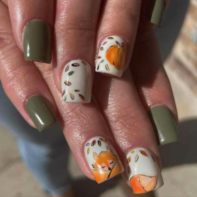 white and olive green color with pumpkin and fox nail art designs for fall