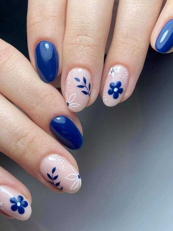 dark blue and bare with floral fancy nails art designs