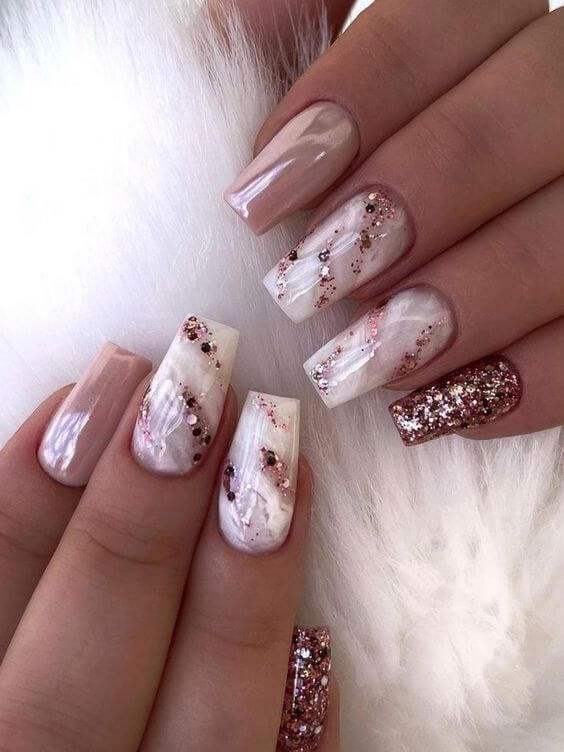 gold glitter with marble fancy nails art designs