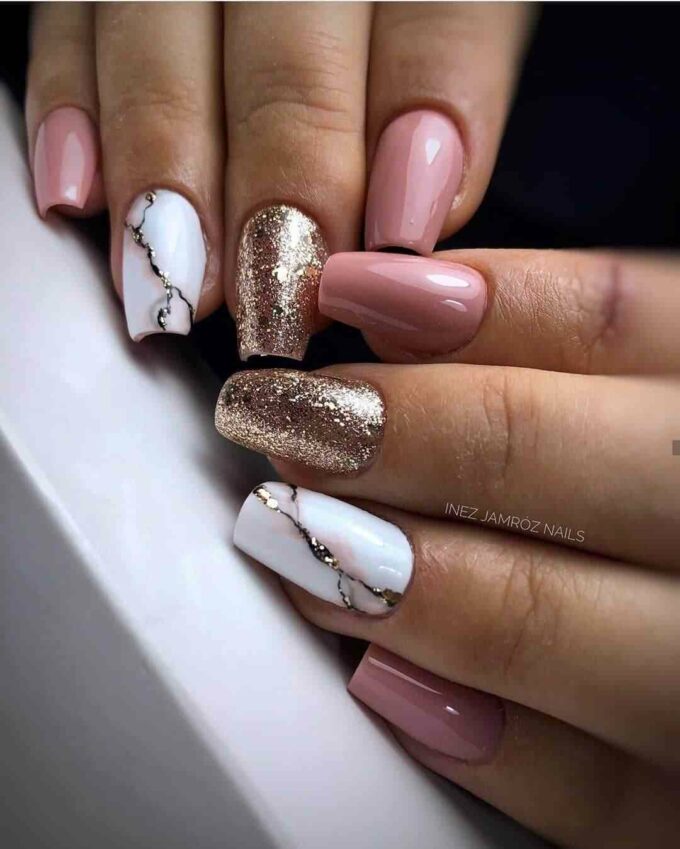 gold and nude fancy nails art designs