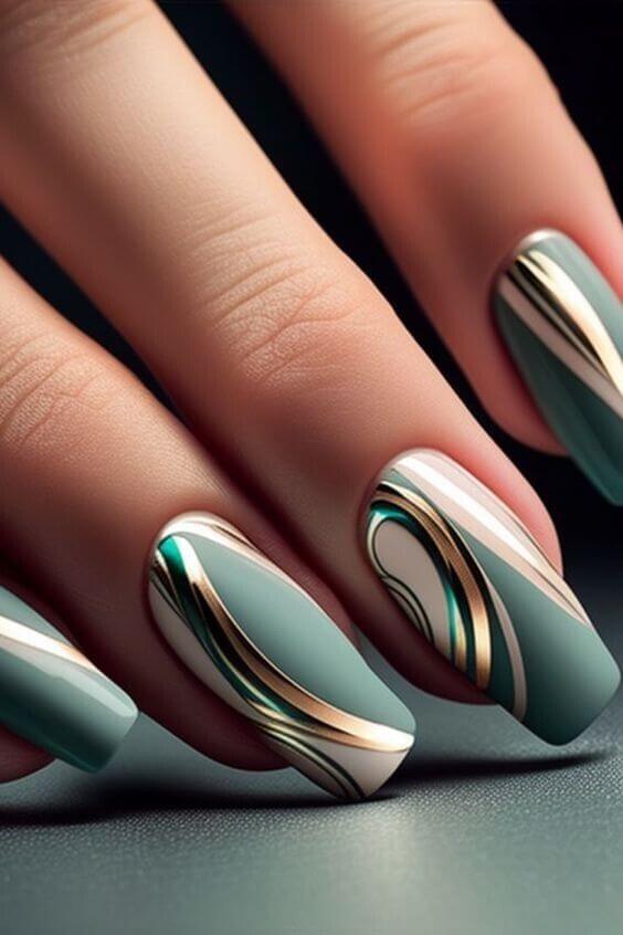 jade green with bronze lines fancy nail art design
