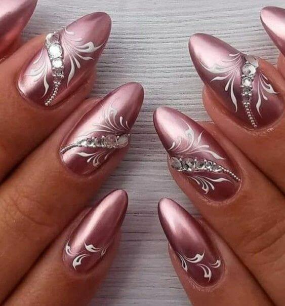 metallic pink with rhinestones fancy nails art designs