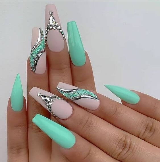 mint and beige with rhinestones fancy nails art designs