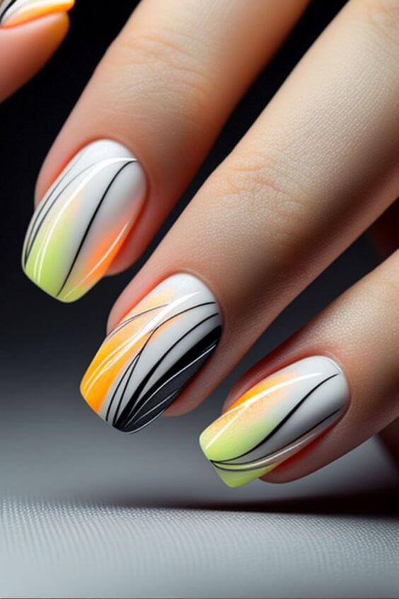 neon colors with lines fancy nail art design