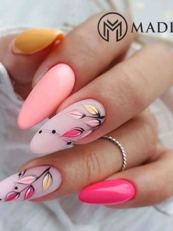 orange and pink shades with floral fancy nail art design